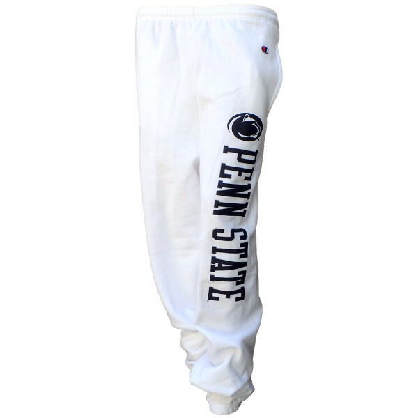 white sweatpants with navy Athletic Logo and Penn State printed down left leg
